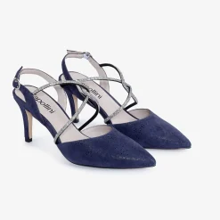 Capollini Party Shoes | Wedding Guest Shoes*Charlotte Nubuck Leather Diamante Cross Strap Slingback Navy