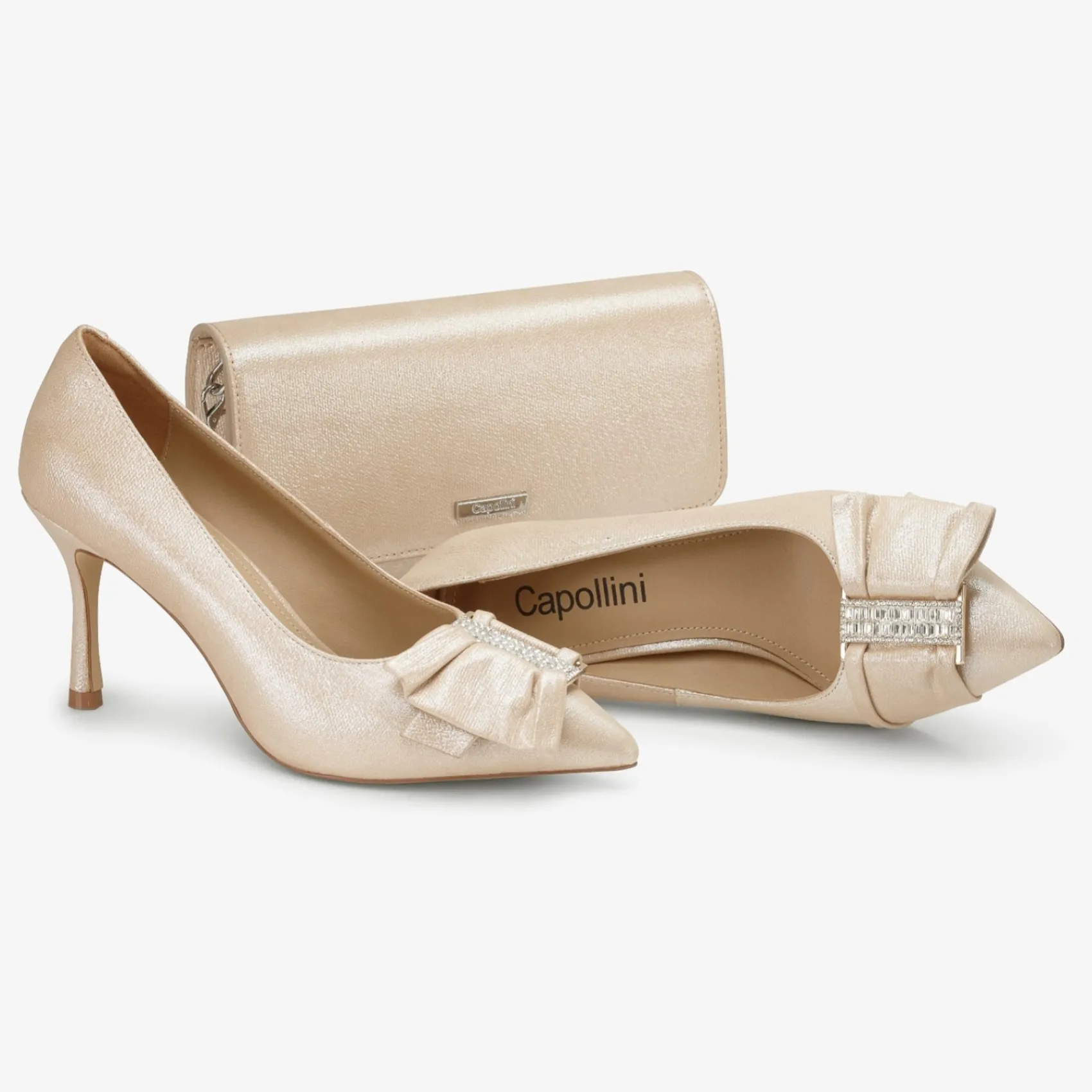 Capollini Wedding Guest Shoes | Mother Of The Bride Shoes*Elinor Nubuck Leather Crystal Bow Court Shoes Pale Gold