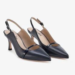 Capollini Wedding Guest Shoes | Mother Of The Bride Shoes*Emory Leather Mid Heel Slingbacks with Patent Strap Navy