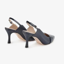 Capollini Wedding Guest Shoes | Mother Of The Bride Shoes*Emory Leather Mid Heel Slingbacks with Patent Strap Navy