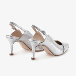 Capollini Wedding Guest Shoes | Mother Of The Bride Shoes*Emory Leather Mid Heel Slingbacks with Patent Strap Silver