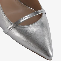 Capollini Wedding Guest Shoes | Mother Of The Bride Shoes*Emory Leather Mid Heel Slingbacks with Patent Strap Silver