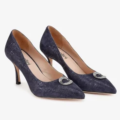 Capollini Party Shoes | Wedding Guest Shoes*Judi Nubuck Leather Court Shoes with Diamante Trim Navy
