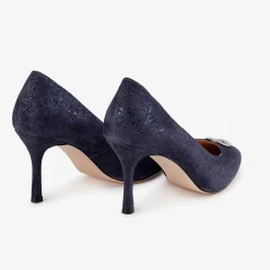 Capollini Party Shoes | Wedding Guest Shoes*Judi Nubuck Leather Court Shoes with Diamante Trim Navy