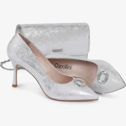 Capollini Party Shoes | Wedding Guest Shoes*Judi Nubuck Leather Court Shoes with Diamante Trim Silver