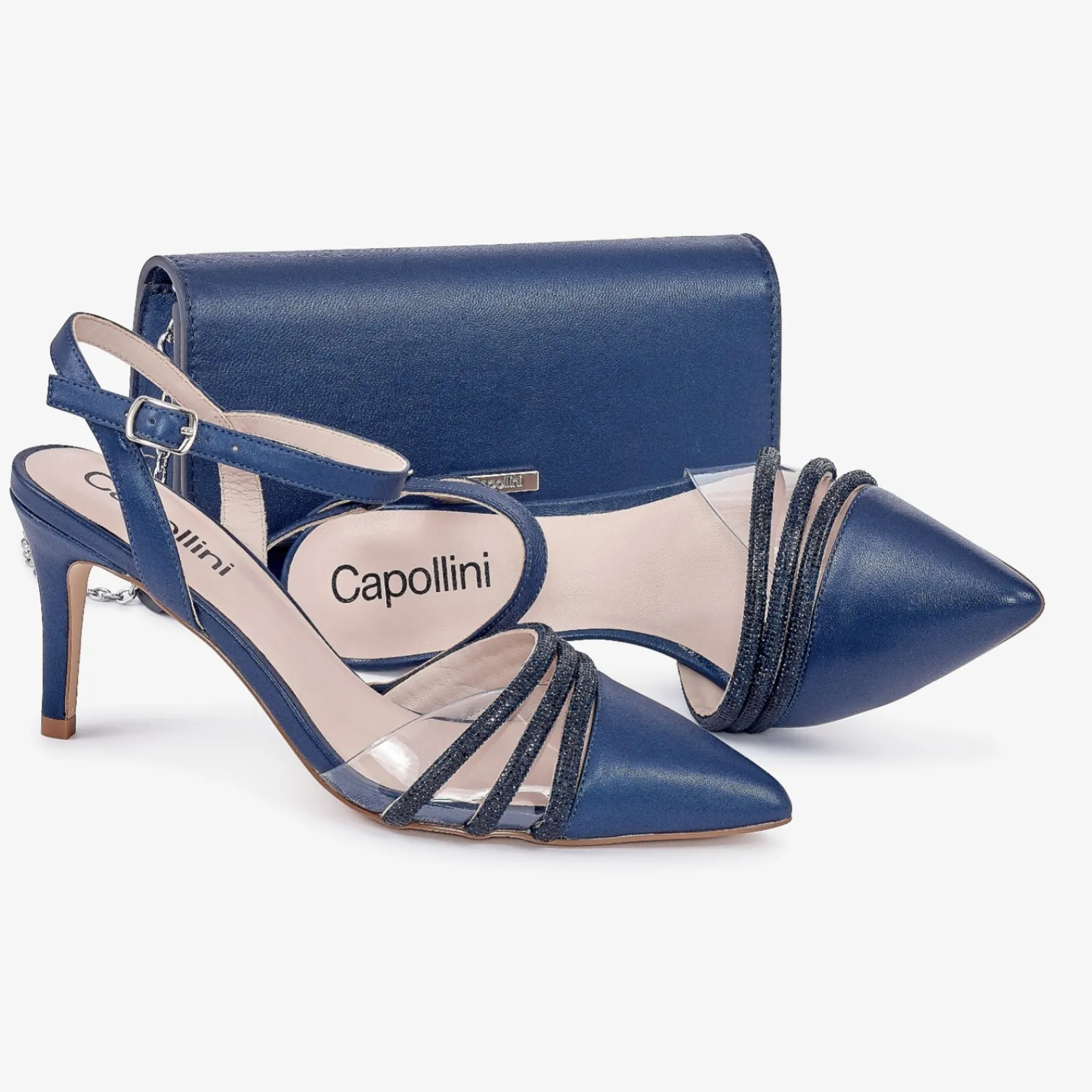 Capollini Wedding Guest Shoes | Mother Of The Bride Shoes*Ophelia Pearlised Leather Ankle Strap Slingbacks Navy