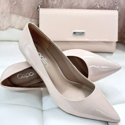 Capollini Party Shoes | Wedding Guest Shoes*Petal Patent Leather Pointed Court Shoes Nude Pink