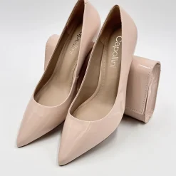 Capollini Party Shoes | Wedding Guest Shoes*Petal Patent Leather Pointed Court Shoes Nude Pink