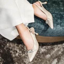 Capollini Party Shoes | Wedding Guest Shoes*Sabrina Nubuck Leather Slingback Kitten Heels Champagne