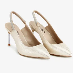 Capollini Sparkly Prom Shoes | Gold Prom Shoes*Sophia Nubuck Leather Diamante Slingback Stilettos Champagne