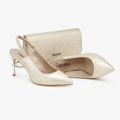 Capollini Sparkly Prom Shoes | Gold Prom Shoes*Sophia Nubuck Leather Diamante Slingback Stilettos Champagne