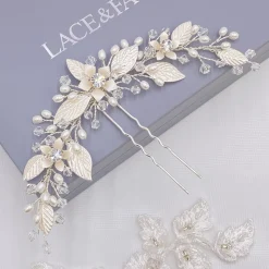 Twilight Designs Pearl Hair Accessories | Silver Hair Accessories*Carlene Silver Flowers and Leaves Hair Pin Ivory/ Silver