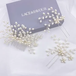 Lace & Favour Pearl Hair Accessories | Silver Hair Accessories*Cascade Pearl Spray Wedding Hair Comb Ivory/ Silver