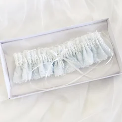 Boudoir Couture Something Blue Gifts | Bride Gifts*Chantilly Blue Floral Lace Bridal Garter with Pearl Droplet Blue/ Ivory