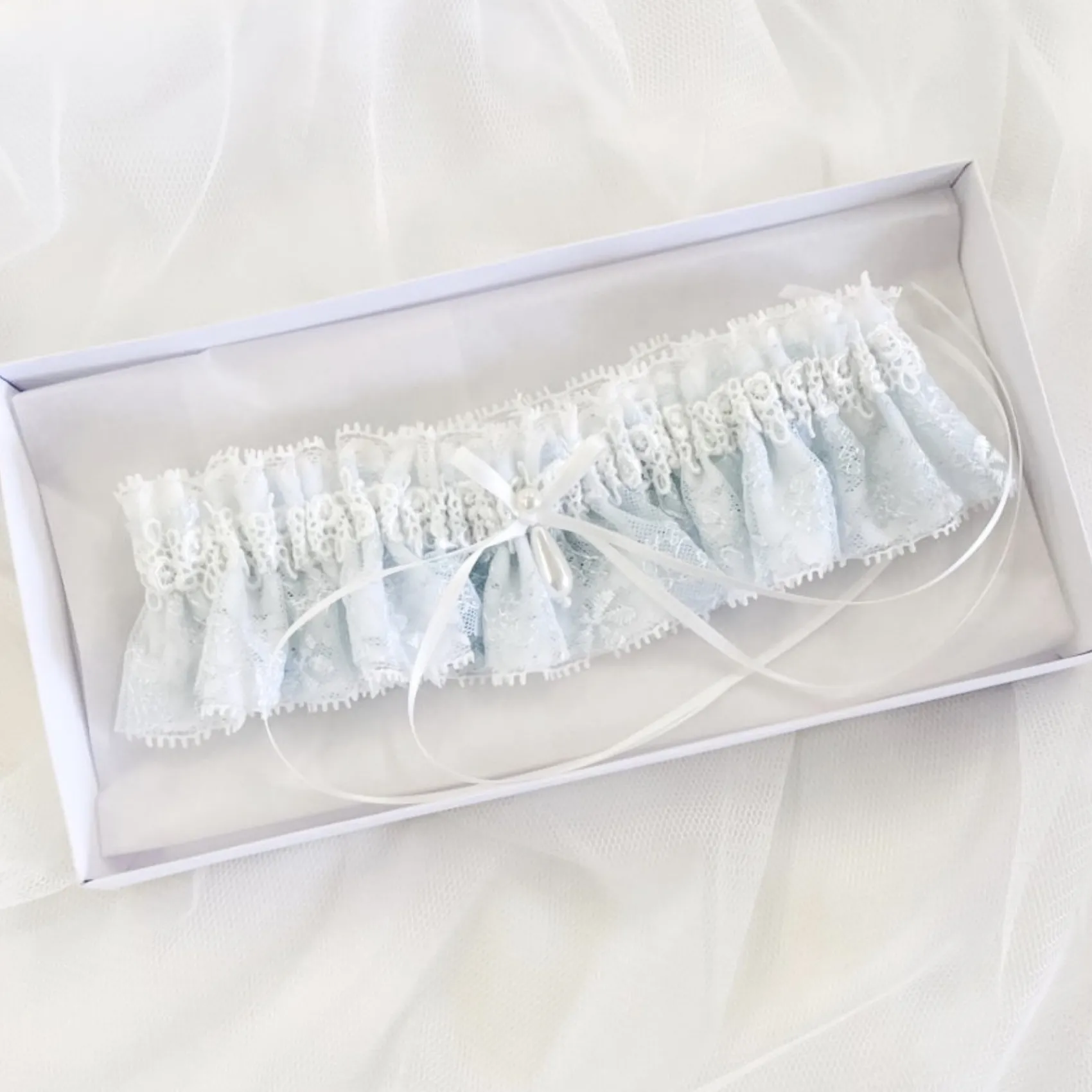 Boudoir Couture Something Blue Gifts | Bride Gifts*Chantilly Blue Floral Lace Bridal Garter with Pearl Droplet Blue/ Ivory