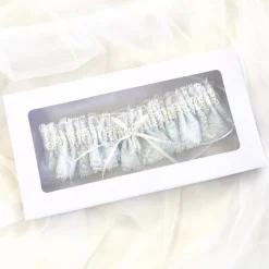 Boudoir Couture Something Blue Gifts | Bride Gifts*Chantilly Blue Floral Lace Bridal Garter with Pearl Droplet Blue/ Ivory