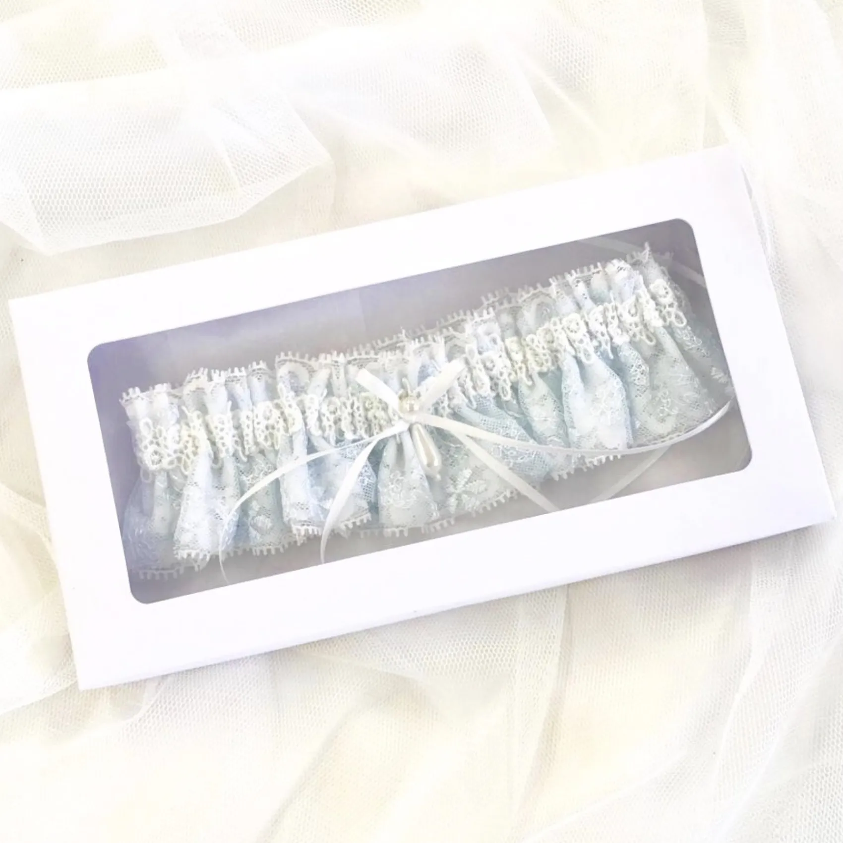 Boudoir Couture Something Blue Gifts | Bride Gifts*Chantilly Blue Floral Lace Bridal Garter with Pearl Droplet Blue/ Ivory
