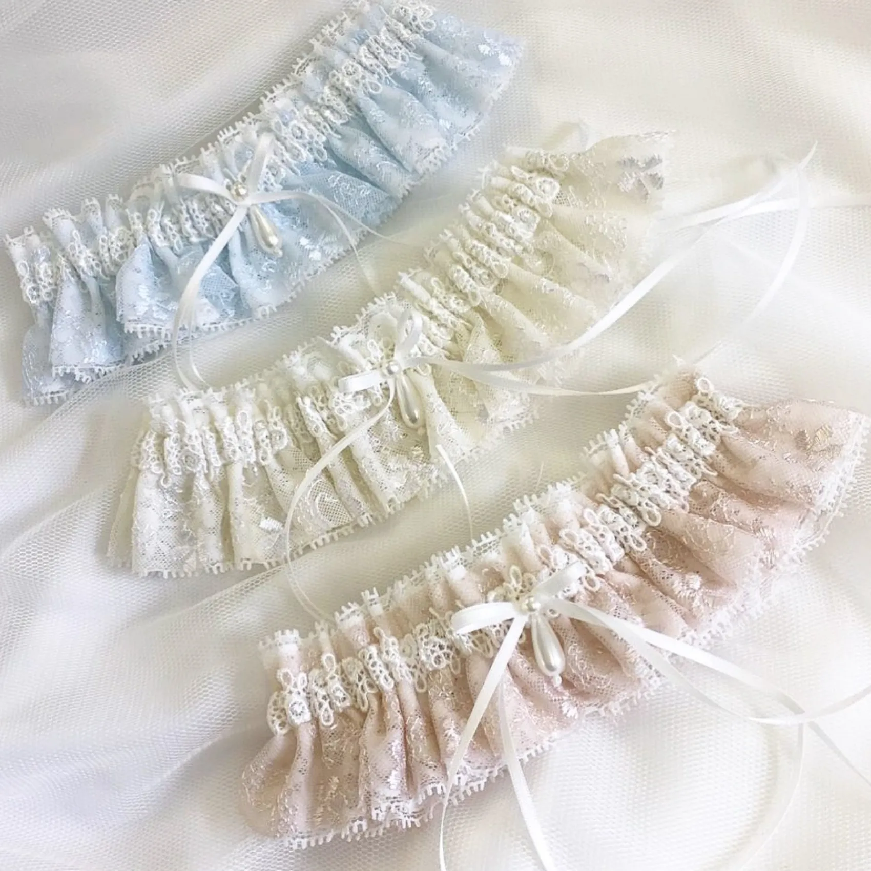 Boudoir Couture Something Blue Gifts | Bride Gifts*Chantilly Blue Floral Lace Bridal Garter with Pearl Droplet Blue/ Ivory