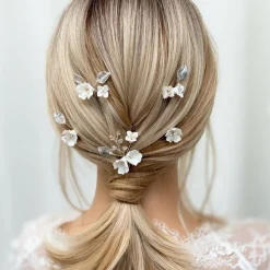 Lace & Favour Silver Hair Accessories | Bridesmaid Hair Accessories*Cherry Blossom Set of 5 Porcelain Flower and Silver Leaf Hair Pins Ivory/ Silver