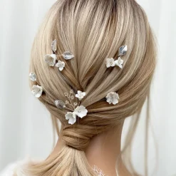 Lace & Favour Silver Hair Accessories | Bridesmaid Hair Accessories*Cherry Blossom Set of 5 Porcelain Flower and Silver Leaf Hair Pins Ivory/ Silver