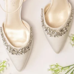 Paradox London Wedding Shoes | Low Heel*Cinta Dyeable Satin Crystal Block Heel Ankle Strap Shoes Ivory
