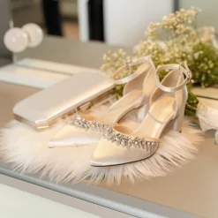 Paradox London Wedding Shoes | Low Heel*Cinta Dyeable Satin Crystal Block Heel Ankle Strap Shoes Ivory