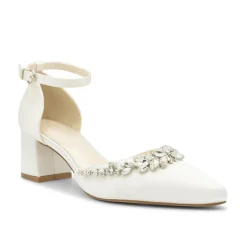 Paradox London Wedding Shoes | Low Heel*Cinta Dyeable Satin Crystal Block Heel Ankle Strap Shoes Ivory
