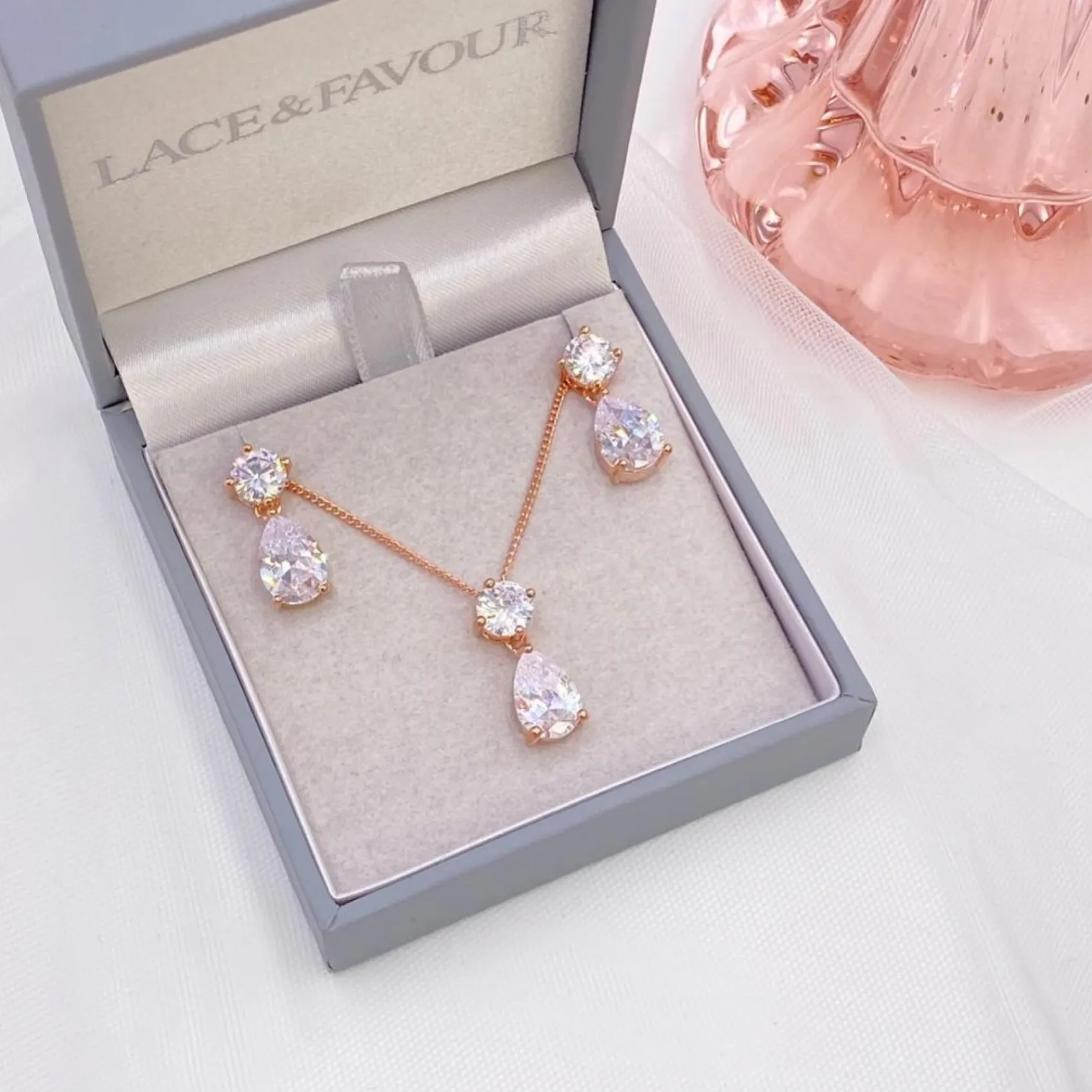 Lace & Favour Bridesmaid Gifts | Bride Gifts*Cleo Rose Gold Teardrop Cubic Zirconia Wedding Jewellery Set