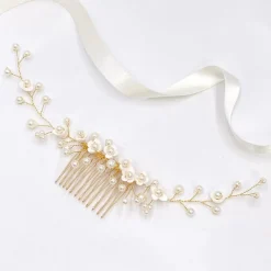 Lace & Favour Pearl Hair Accessories | Gold Hair Accessories*Confetti Flowers and Pearl Hair Vine on Comb (Gold) Ivory/ Gold
