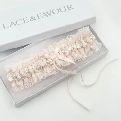 Boudoir Couture Bride Gifts | Bridal Garters*Cupid Pale Pink Lace Wedding Garter with Pearl Detail Pale Pink/ Ivory
