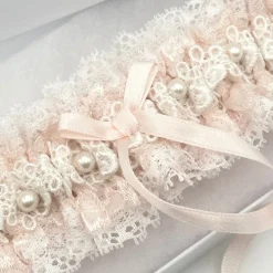 Boudoir Couture Bride Gifts | Bridal Garters*Cupid Pale Pink Lace Wedding Garter with Pearl Detail Pale Pink/ Ivory