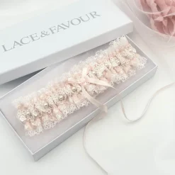 Boudoir Couture Bride Gifts | Bridal Garters*Cupid Pale Pink Lace Wedding Garter with Pearl Detail Pale Pink/ Ivory