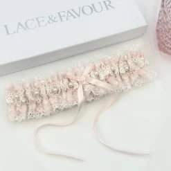 Boudoir Couture Bride Gifts | Bridal Garters*Cupid Pale Pink Lace Wedding Garter with Pearl Detail Pale Pink/ Ivory