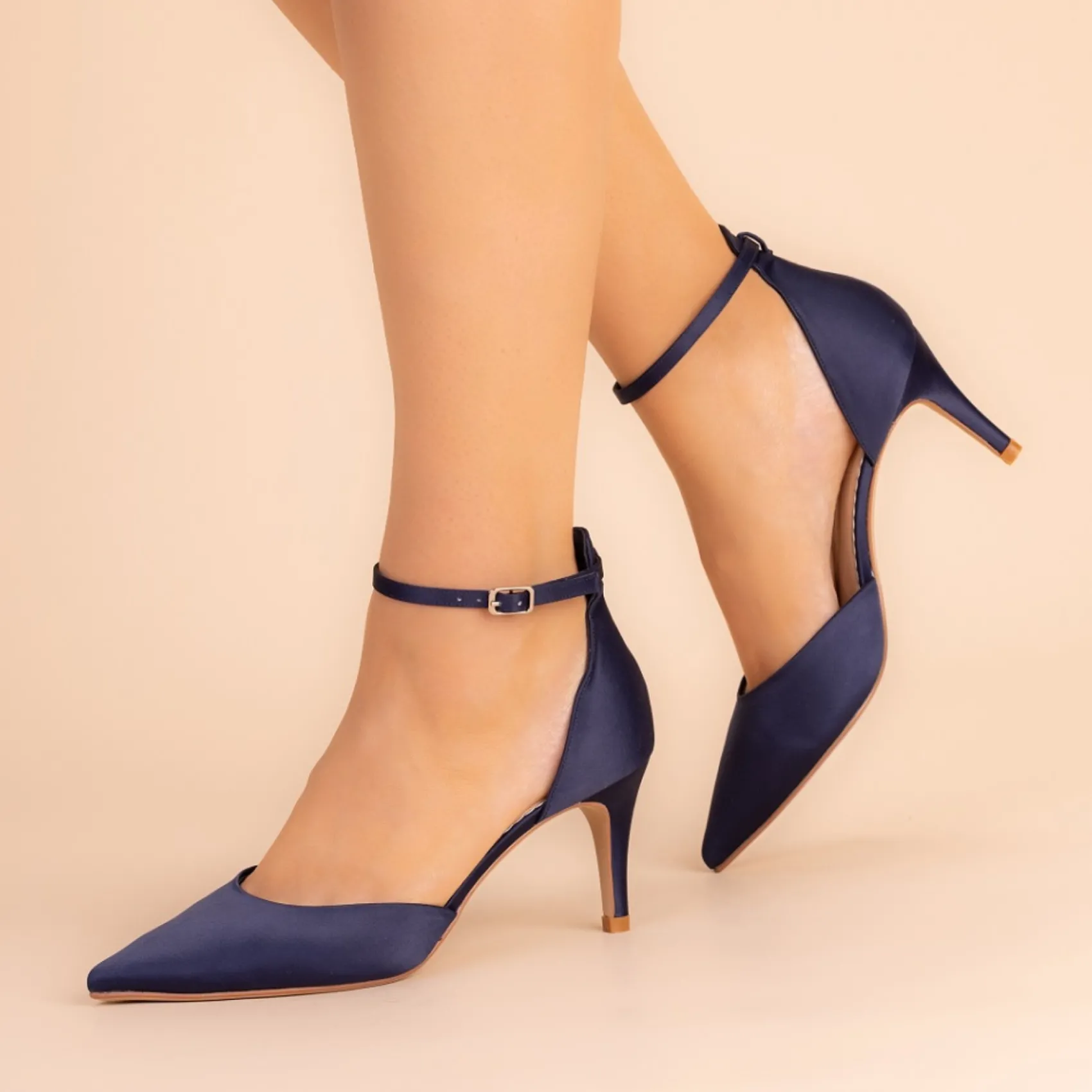 Perfect Bridal Wedding Guest Shoes | Mother Of The Bride Shoes*Daniella Navy Satin Mid Heel Ankle Strap Court Shoes Midnight