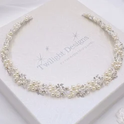 Twilight Designs Silver Hair Accessories | Pearl Hair Accessories*Delilah Crystal Leaves and Pearl Wedding Hair Vine Ivory/ Silver