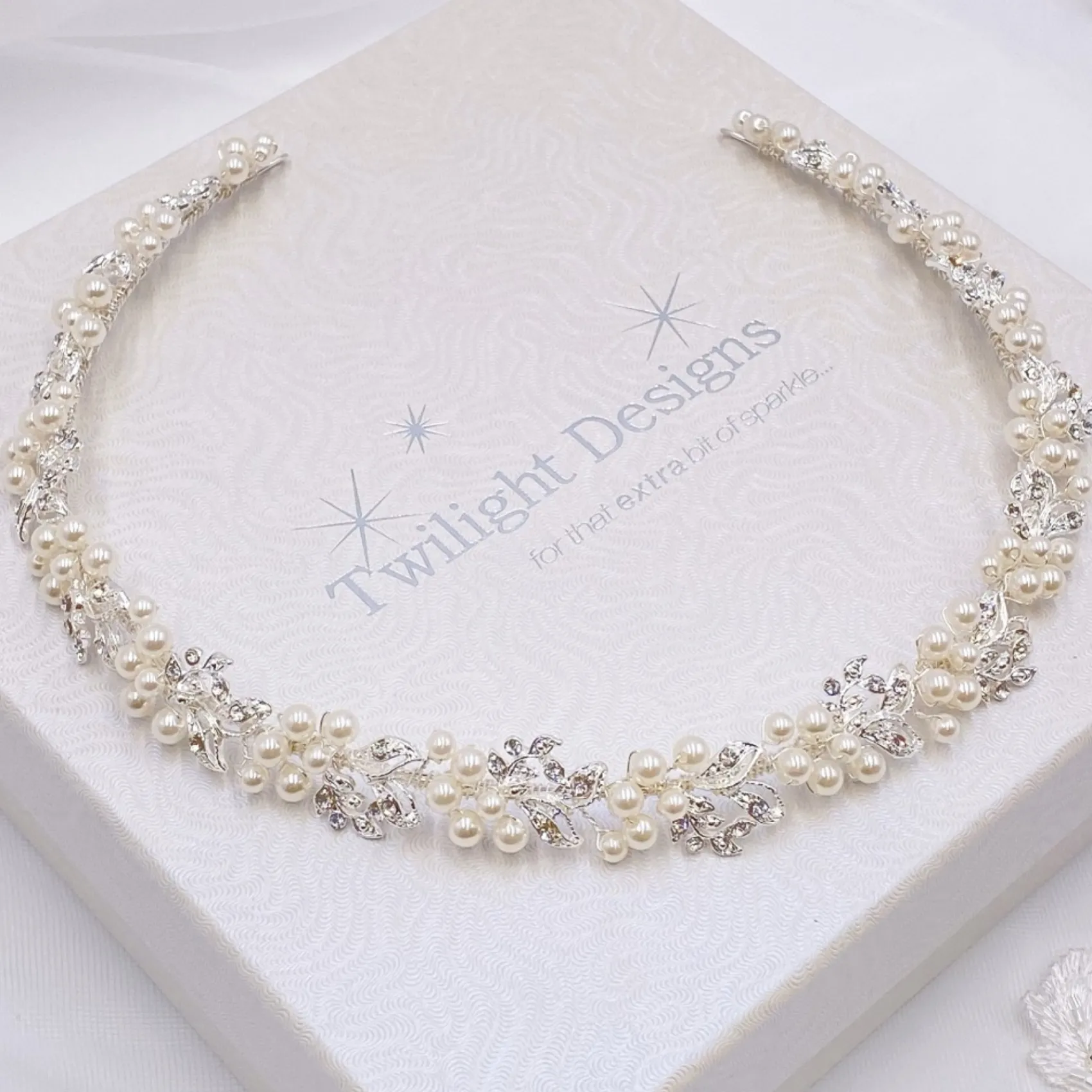 Twilight Designs Silver Hair Accessories | Pearl Hair Accessories*Delilah Crystal Leaves and Pearl Wedding Hair Vine Ivory/ Silver