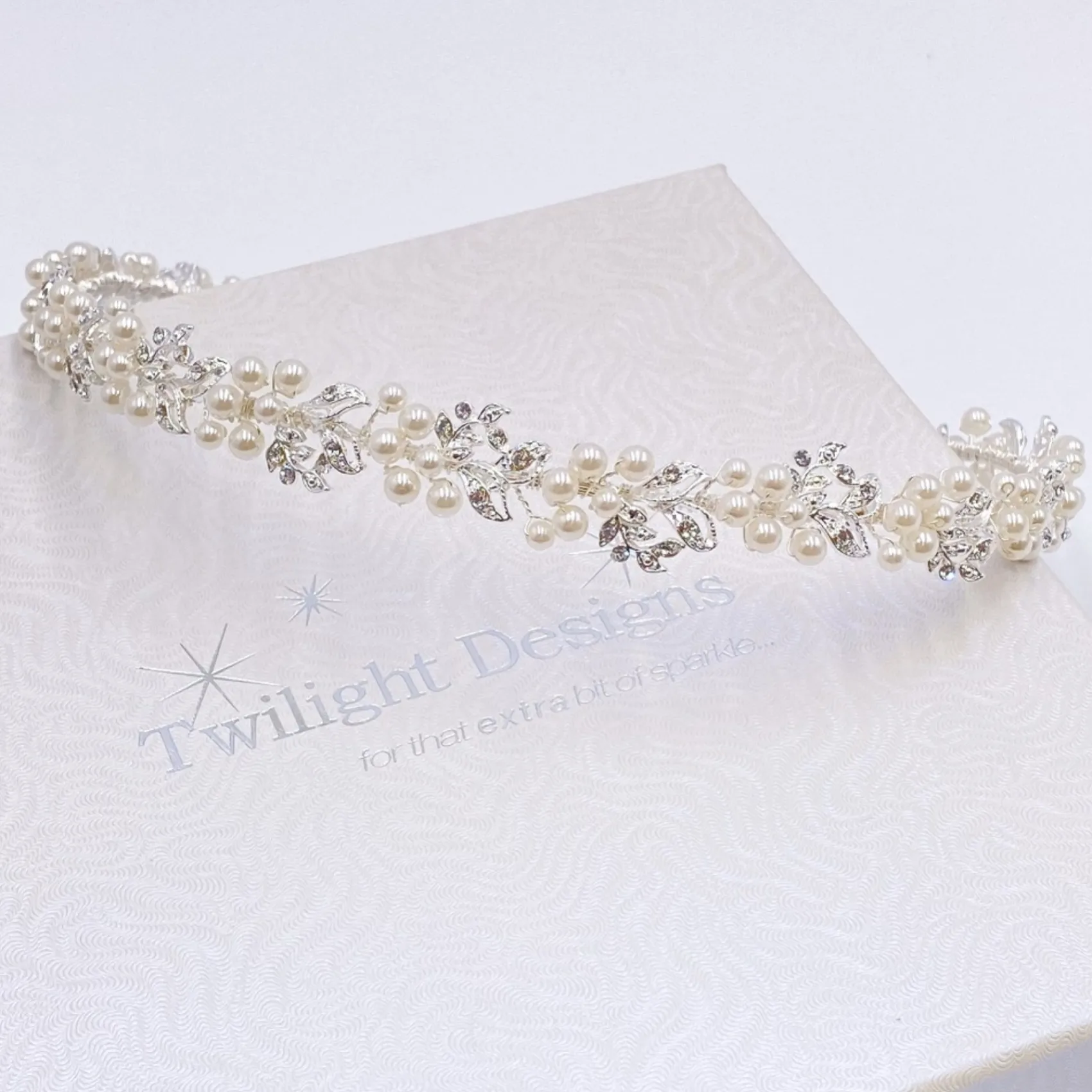 Twilight Designs Silver Hair Accessories | Pearl Hair Accessories*Delilah Crystal Leaves and Pearl Wedding Hair Vine Ivory/ Silver