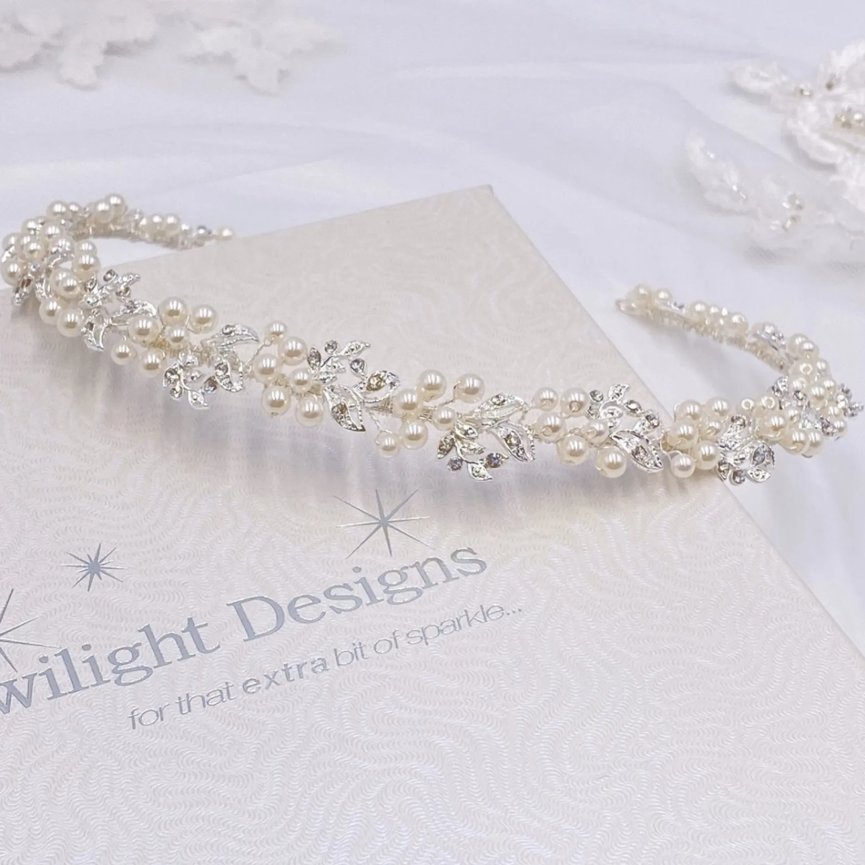 Twilight Designs Silver Hair Accessories | Pearl Hair Accessories*Delilah Crystal Leaves and Pearl Wedding Hair Vine Ivory/ Silver