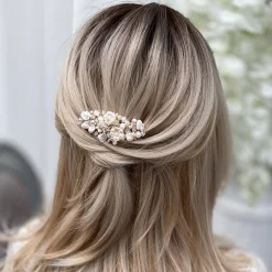 Poirier Pearl Hair Accessories | Gold Hair Accessories*Deloras Gold Freshwater Pearl and Flowers Mini Hair Comb Ivory/ Champagne/ Pale Gold