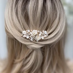 Poirier Pearl Hair Accessories | Gold Hair Accessories*Deloras Gold Freshwater Pearl and Flowers Mini Hair Comb Ivory/ Champagne/ Pale Gold