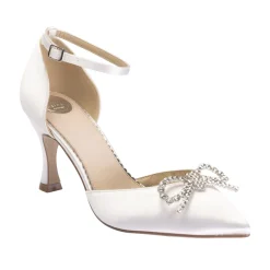 Perfect Bridal Wedding Shoes | Mid Heel*Devon Satin Ankle Strap Court Shoes with Polka Dot Bow Ivory