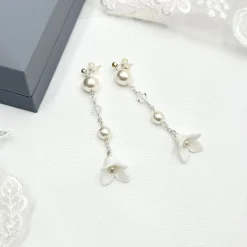 Beads & Beyond Pearl Jewellery | Silver Wedding Jewellery*Dewdrop Long Floral Drop Earrings Ivory/ Silver