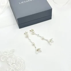 Beads & Beyond Pearl Jewellery | Silver Wedding Jewellery*Dewdrop Long Floral Drop Earrings Ivory/ Silver