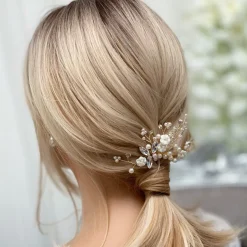 Lace & Favour Bride Gifts | Pearl Hair Accessories*Dianthus Dainty Gold Floral Hair Comb Ivory/ Gold