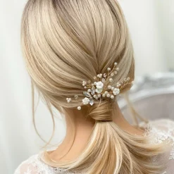 Lace & Favour Bride Gifts | Pearl Hair Accessories*Dianthus Dainty Gold Floral Hair Comb Ivory/ Gold