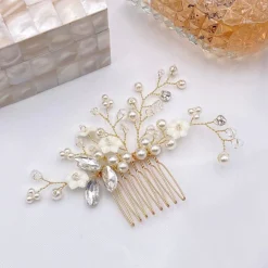Lace & Favour Bride Gifts | Pearl Hair Accessories*Dianthus Dainty Gold Floral Hair Comb Ivory/ Gold