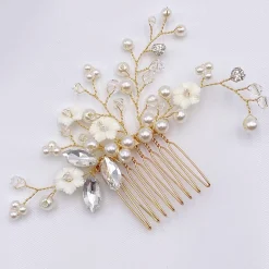 Lace & Favour Bride Gifts | Pearl Hair Accessories*Dianthus Dainty Gold Floral Hair Comb Ivory/ Gold