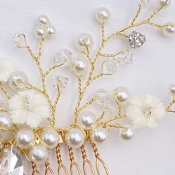 Lace & Favour Bride Gifts | Pearl Hair Accessories*Dianthus Dainty Gold Floral Hair Comb Ivory/ Gold