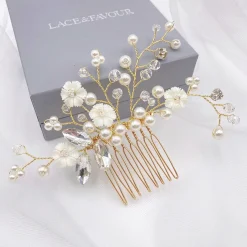 Lace & Favour Bride Gifts | Pearl Hair Accessories*Dianthus Dainty Gold Floral Hair Comb Ivory/ Gold