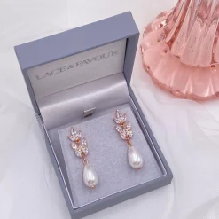 Lace & Favour Bride Gifts | Pearl Jewellery*Divine Rose Gold Cubic Zirconia and Teardrop Pearl Earrings Ivory/ Rose Gold